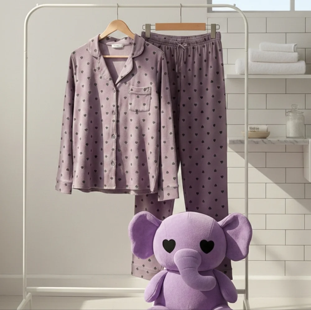 Luxury 95 % Cotton Heart Print Pajama Set - High-End Button Down Sleepwear New